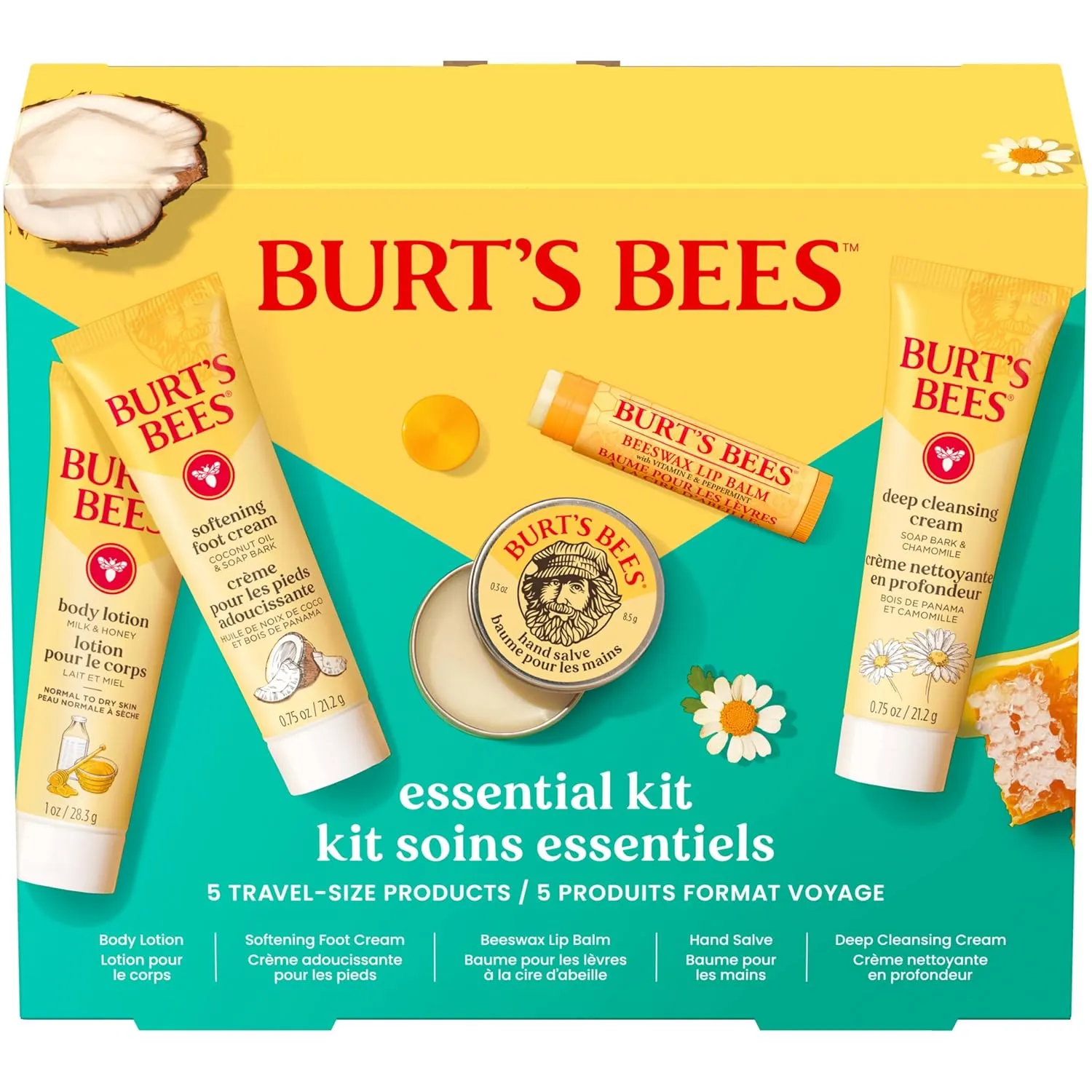 Burt's Bees Gift Ideas - Essentials Everyday Set, 5 Travel Size Products - Deep Cleansing Cream, Hand Salve, Body Lotion, Foot Cream and Original Lip Balm