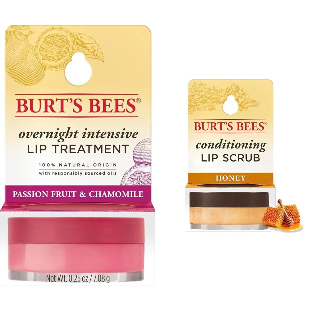 Burt's Bees Overnight Lip Sleeping Mask 0.25oz, Conditioning Honey Lip Scrub 0.25oz - Moisturizing, Hydrating, Exfoliating
