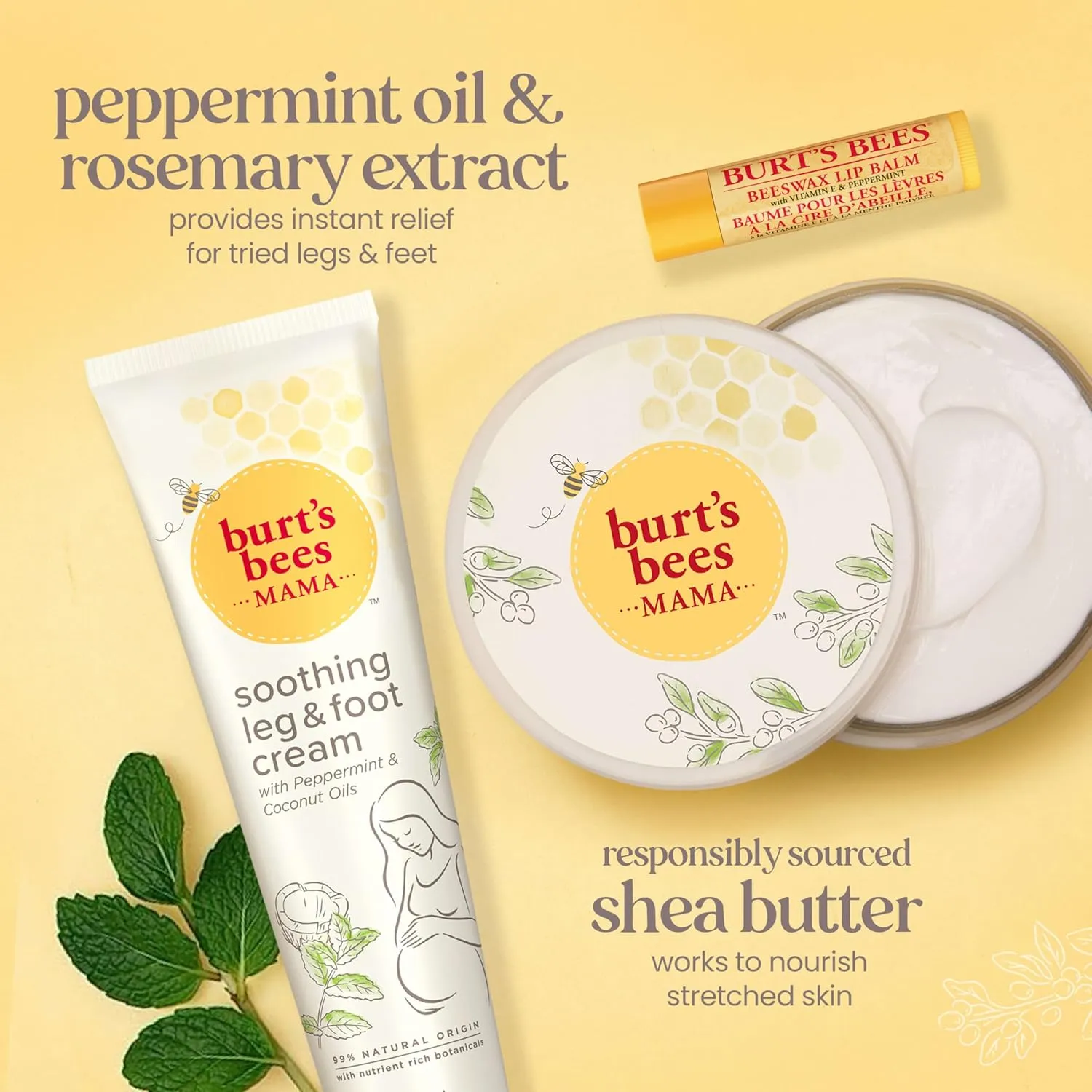 Burt's Bees Pregnancy Essentials Gifts Set, 3 Giftable Baby Shower Products & Must Have Baby Registry Items, Nourishing Skincare - Mama Belly Butter, Original Lip Balm, Leg & Foot Cream