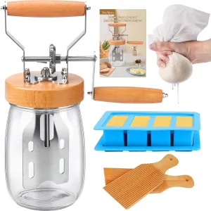 Butter Churner - Hand Crank Mason Jar With 2 Paddles, Silicone Mold With Lid, Cheese Cloth & Recipe - Homemade Butter in 15 Min, Glass Manual Maker