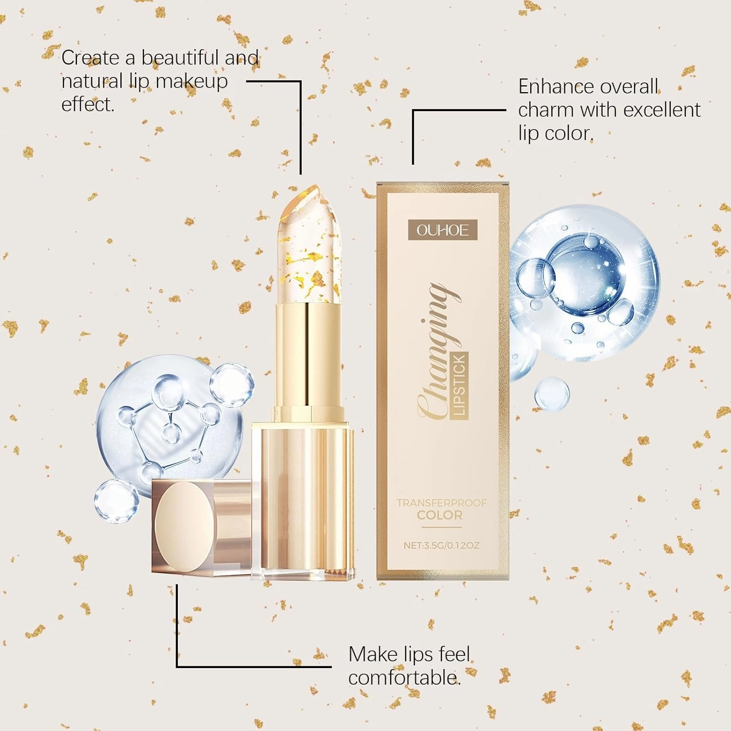 Bymolia Color Changing Lipstick, Bymolia Transferproof Color Changing Lipstick Gold Foil, Long-Lasting 24k Gold Ph Lipsticks Color Changing Lip Gloss, Hydrating Lip Balm for Shine Makeup (3)