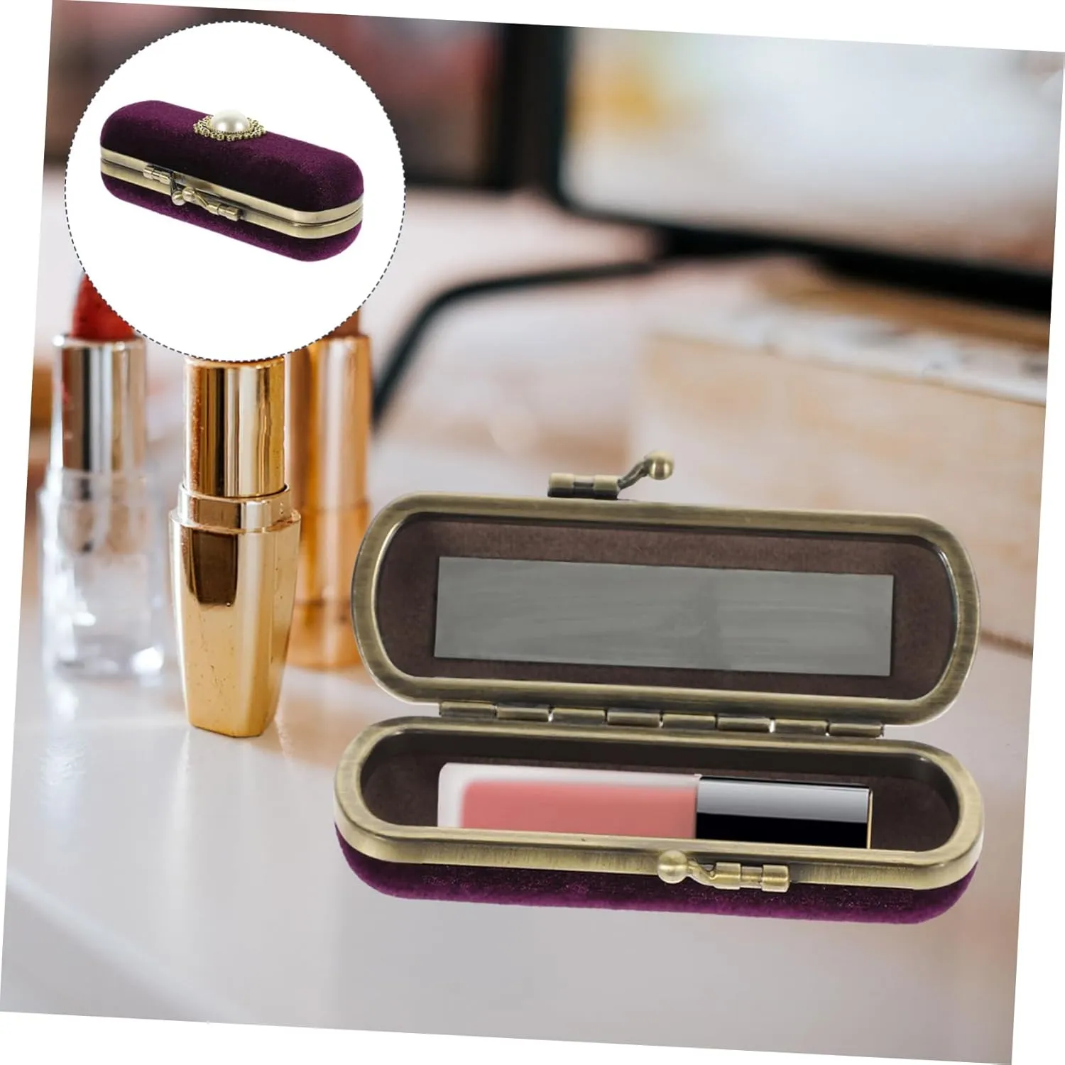 Cabilock Fashion Lipstick Box Lip Balm Organizer Bag Durable Soft Cosmetic Storage Case with Mirror (Purple)