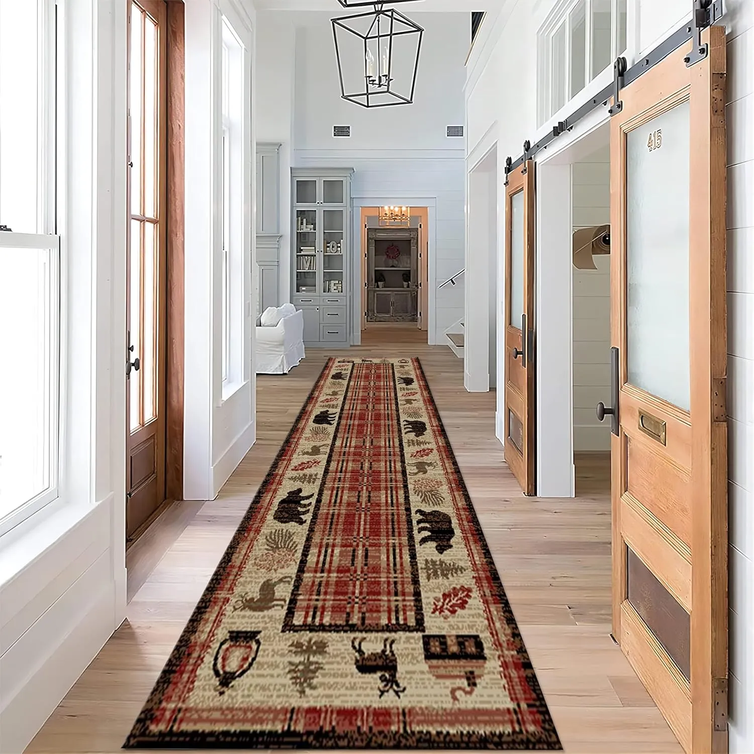 Cabin Decor Indoor Area Mat, 2x10ft, Woodland Pine Bear Deer Entrance Rug, Non Skid Low Pile Non-Shedding Durable Rugs, Soft Foldable Printed Fade Resistant Carpet for Dorm Living Room
