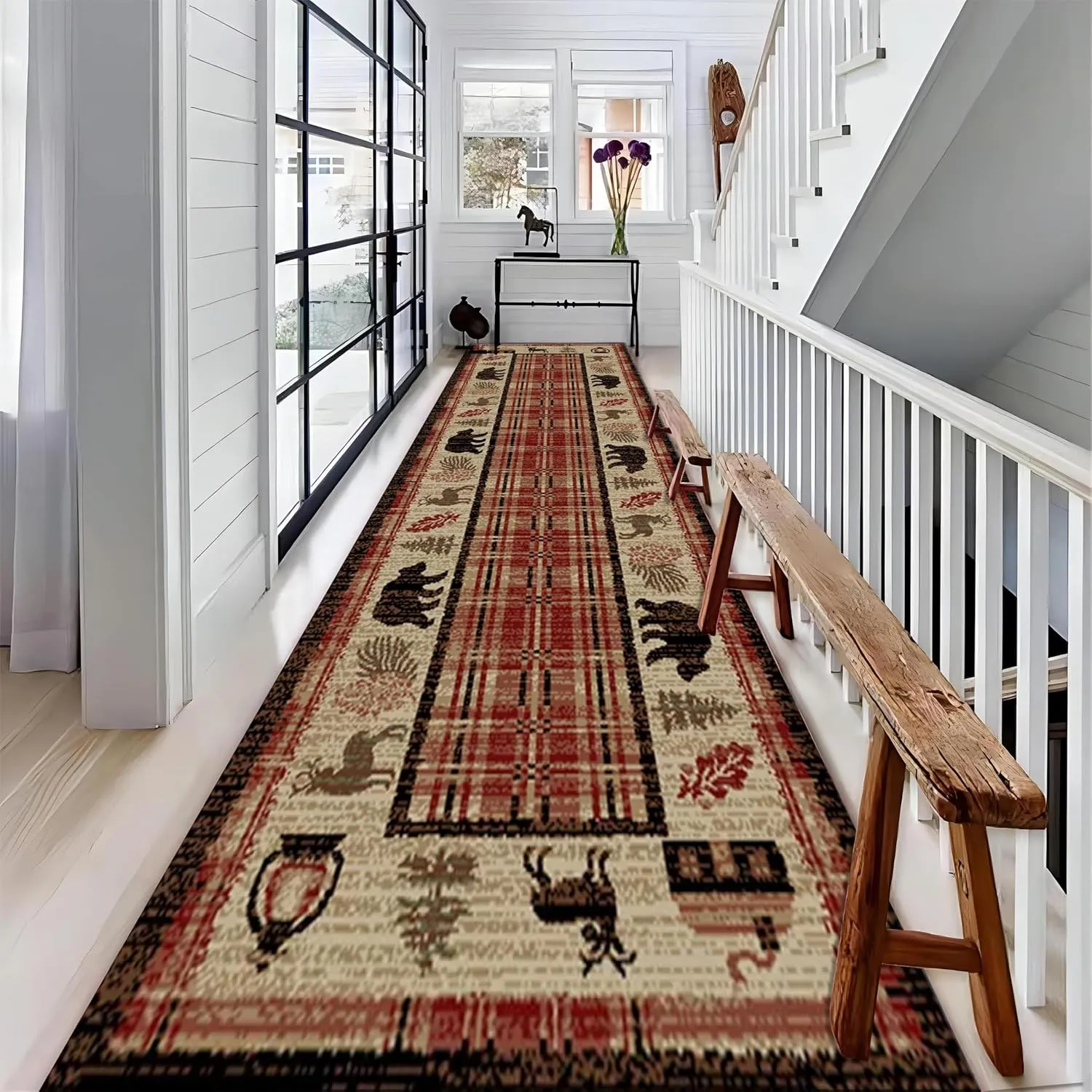 Cabin Decor Indoor Area Mat, 2x10ft, Woodland Pine Bear Deer Entrance Rug, Non Skid Low Pile Non-Shedding Durable Rugs, Soft Foldable Printed Fade Resistant Carpet for Dorm Living Room