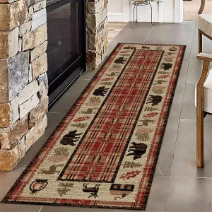 Cabin Decor Indoor Area Mat, 2x10ft, Woodland Pine Bear Deer Entrance Rug, Non Skid Low Pile Non-Shedding Durable Rugs, Soft Foldable Printed Fade Resistant Carpet for Dorm Living Room