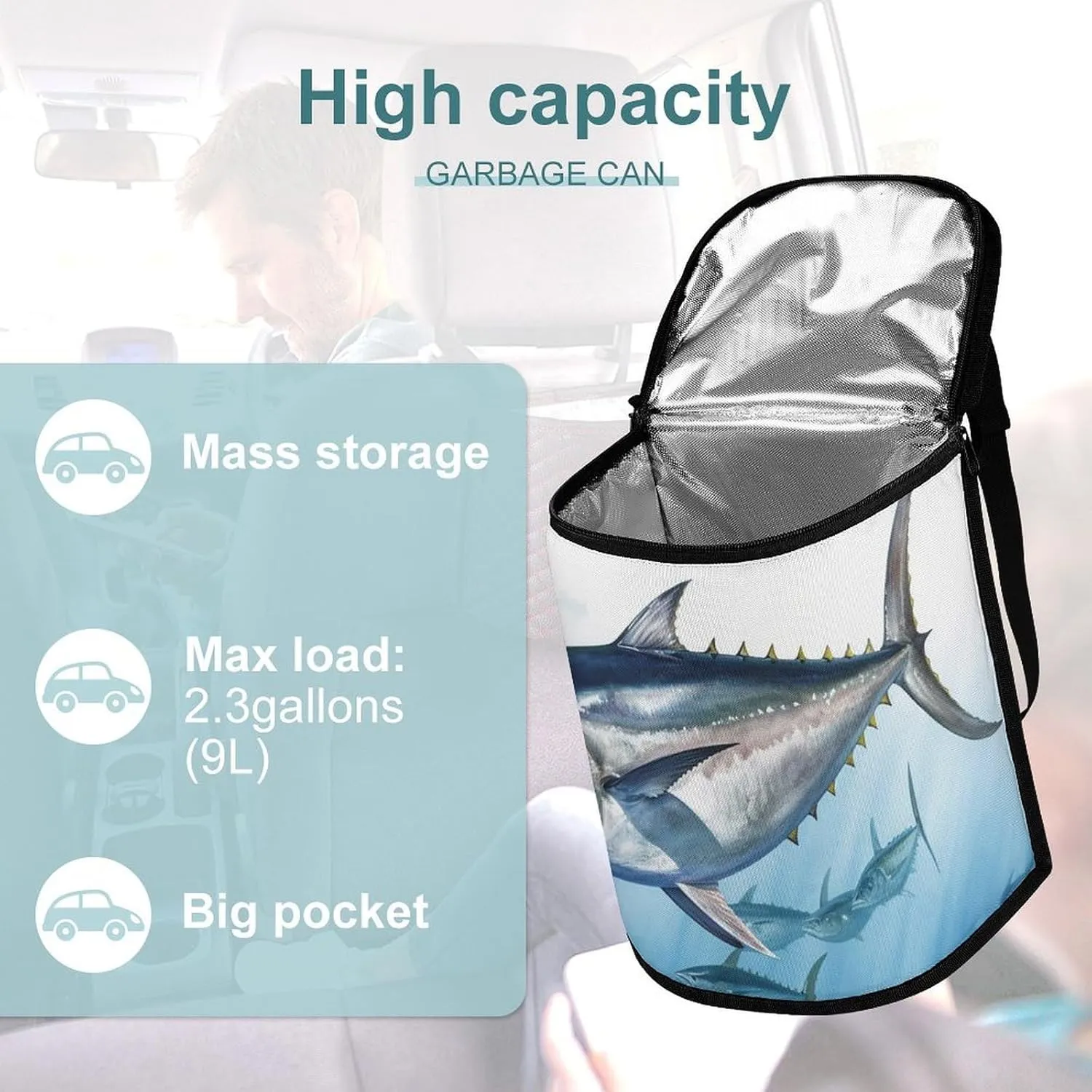 Car Trash Can Bluefin Tuna Thunnus Leak Proof Waterproof Garbage Bag for SUV Truck Camping