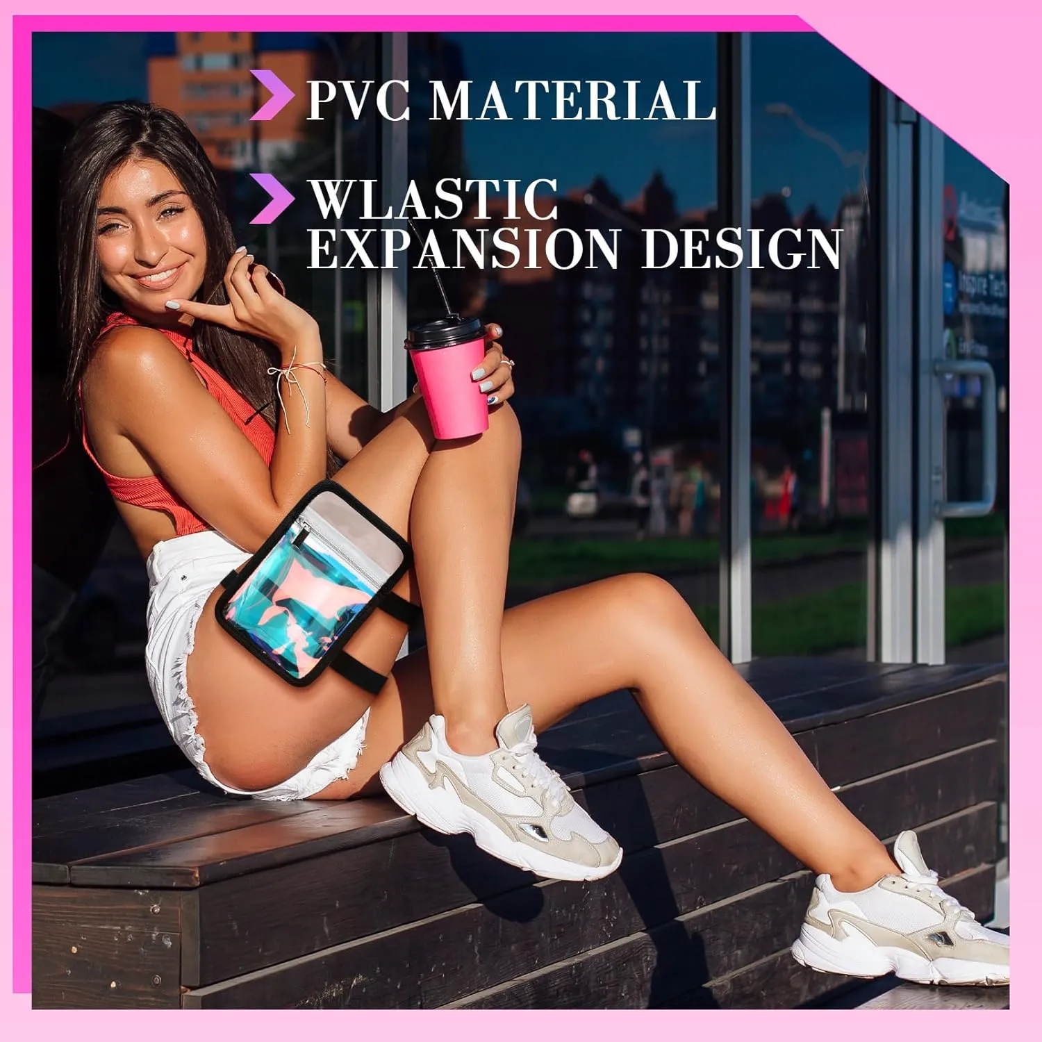 Carnival Leg Bag Holographic Thigh Bag with Adjustable Strap Leg Harness Women Summer Iridescent Travel Hiking Pack(Black,PVC Leg Bag)