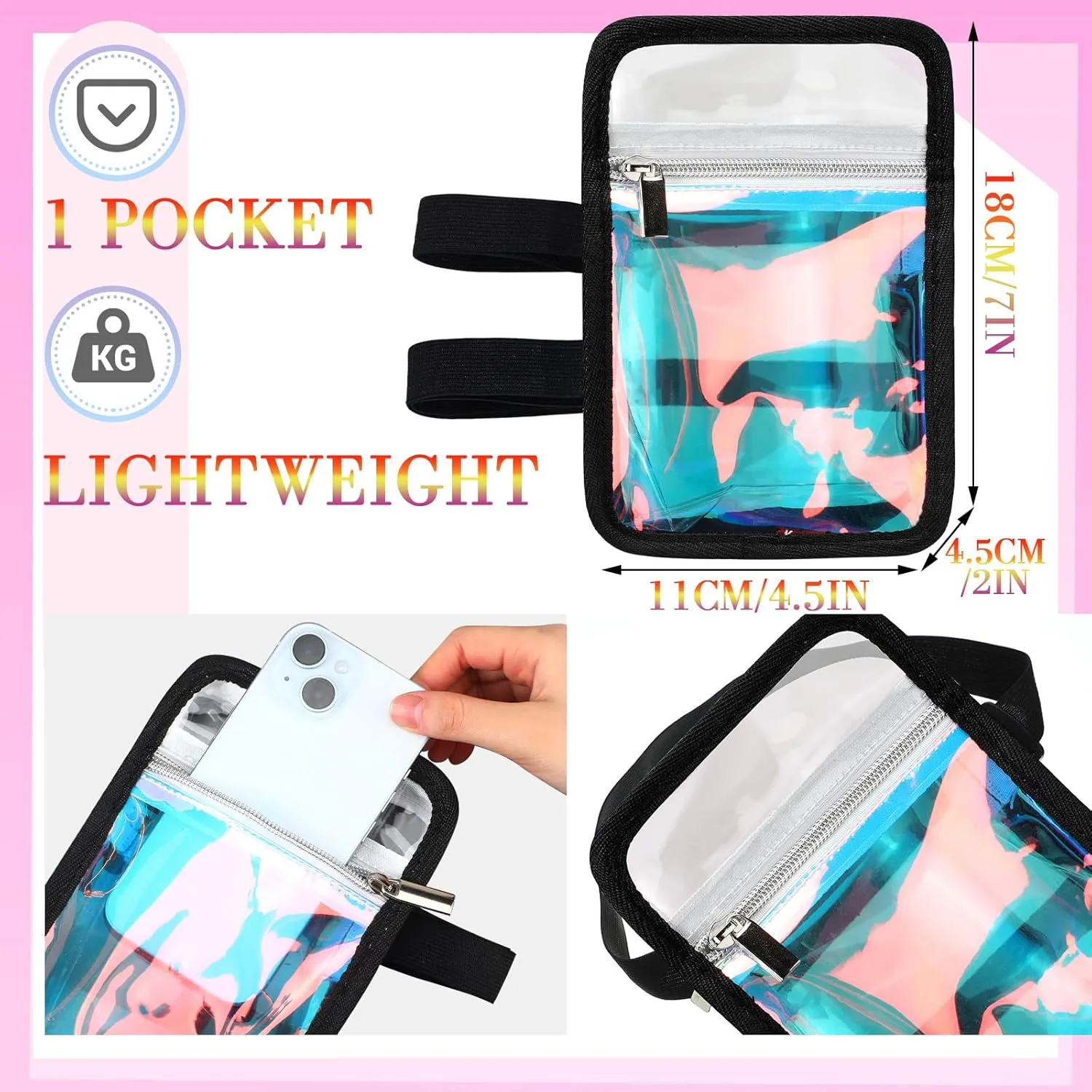 Carnival Leg Bag Holographic Thigh Bag with Adjustable Strap Leg Harness Women Summer Iridescent Travel Hiking Pack(Black,PVC Leg Bag)