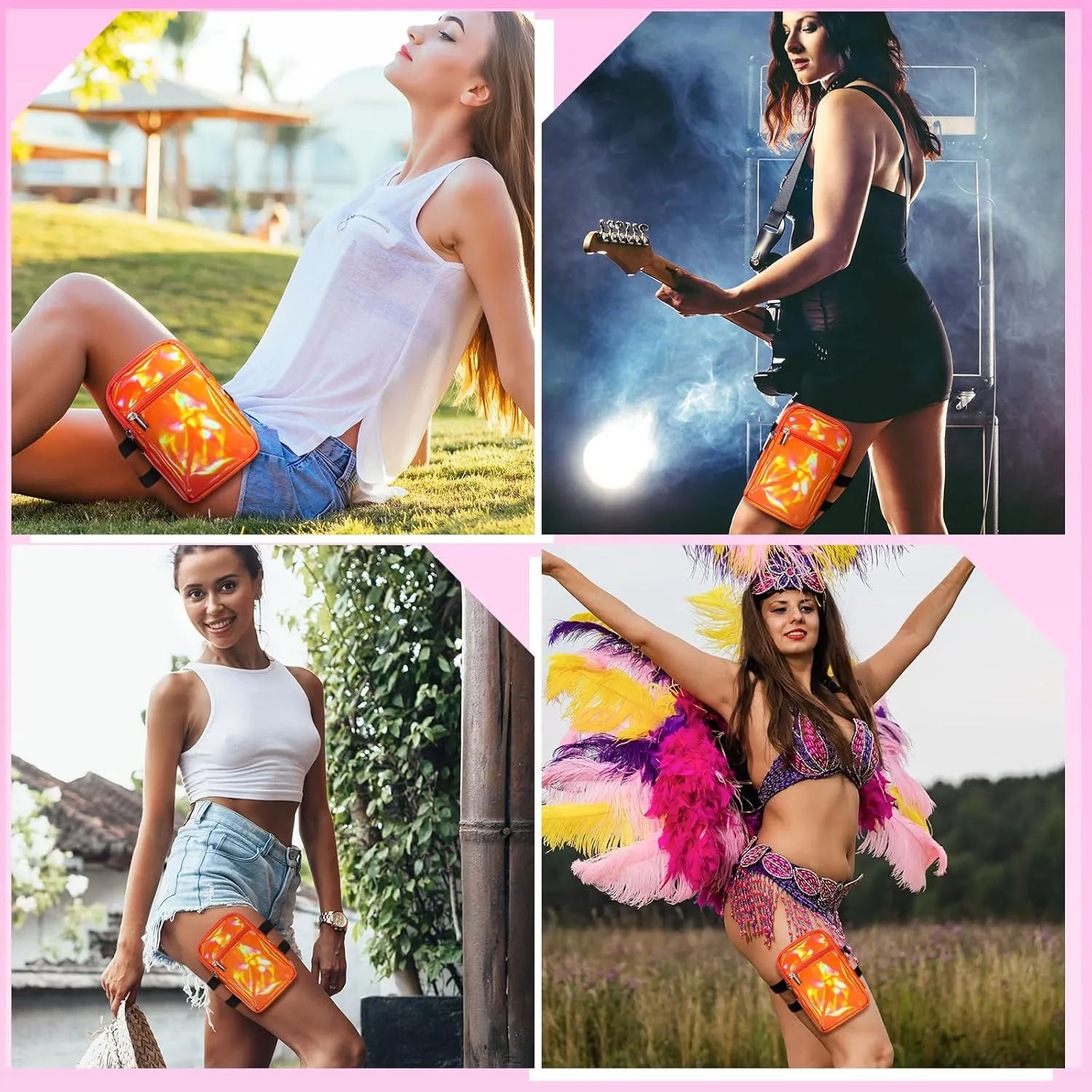 Carnival Leg Bag Holographic Thigh Bag with Adjustable Strap Leg Harness Women Summer Iridescent Travel Hiking Pack(Orange,Leg Bag)