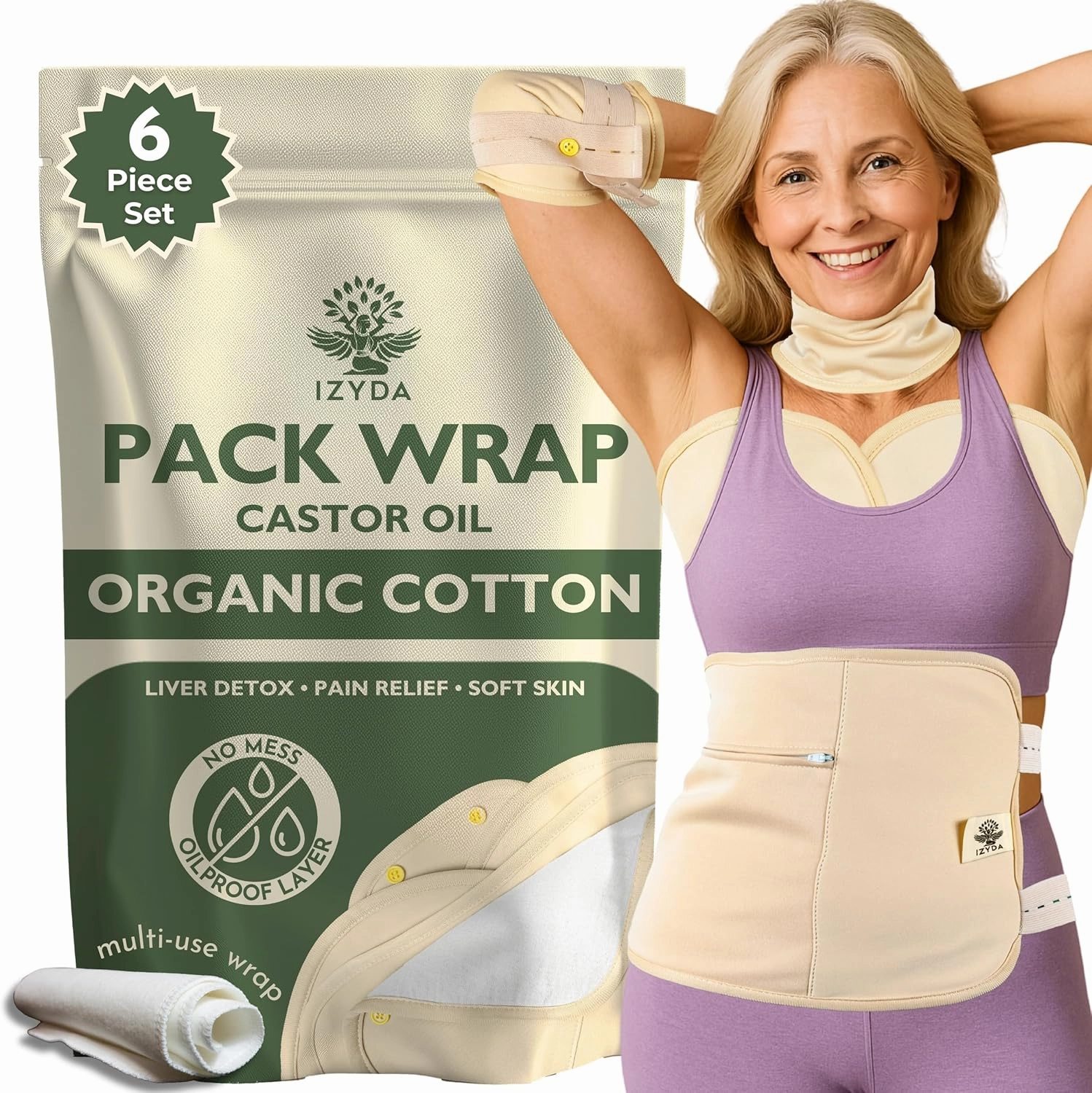 Castor Oil Pack Wrap Organic Cotton Flannel, 6 Pcs Castor Oil Wrap Compress for Stomach Neck Breast Knee, Reusable Pads for Liver Detox, Anti Oil Leak (Oil Not Included)