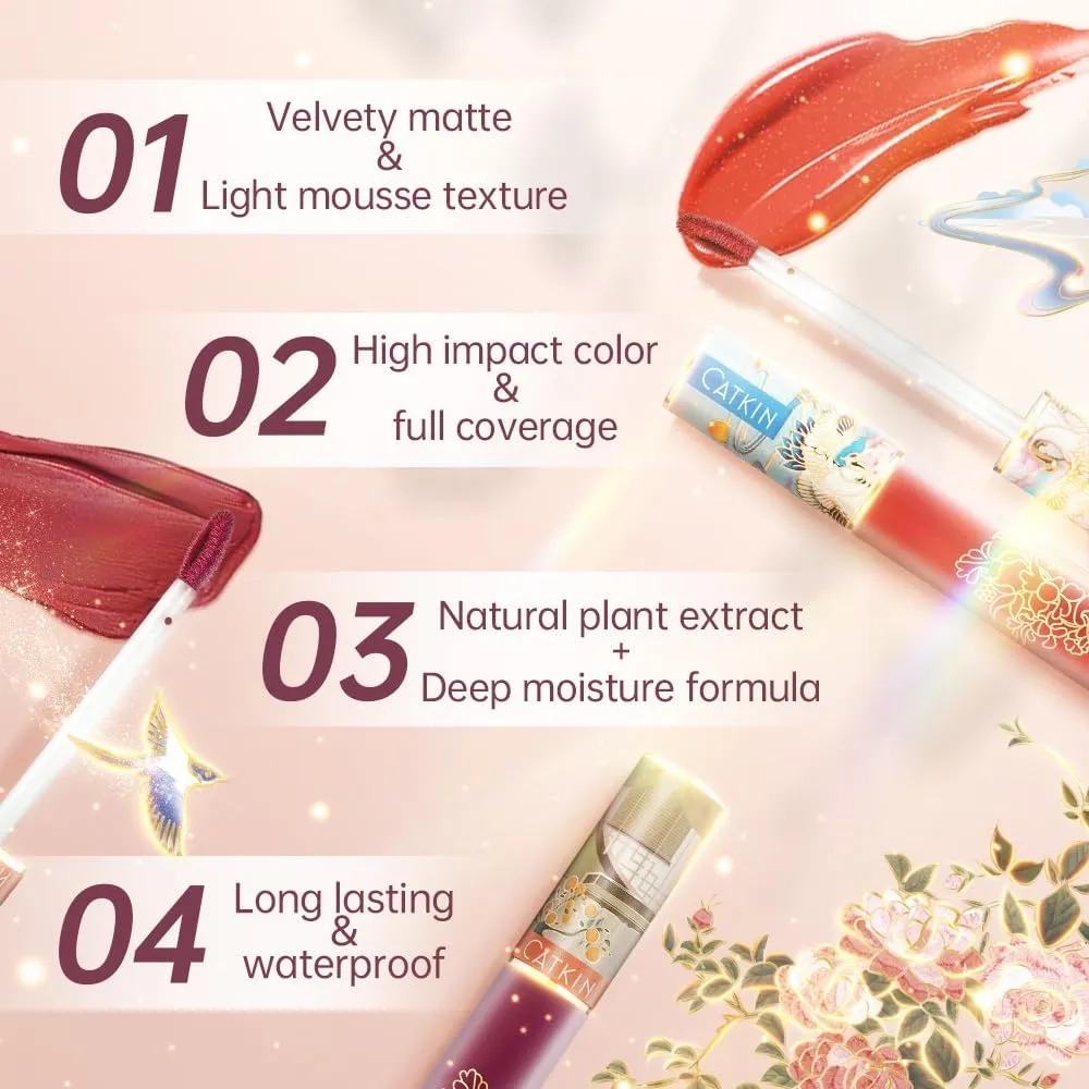 Catkin Semi Matte Liquid Lipstick Lip Gloss for Women Tinted High Pigmented, Waterproof Long Lasting Moisturizing Smooth Velvet Effect 2pcs 03