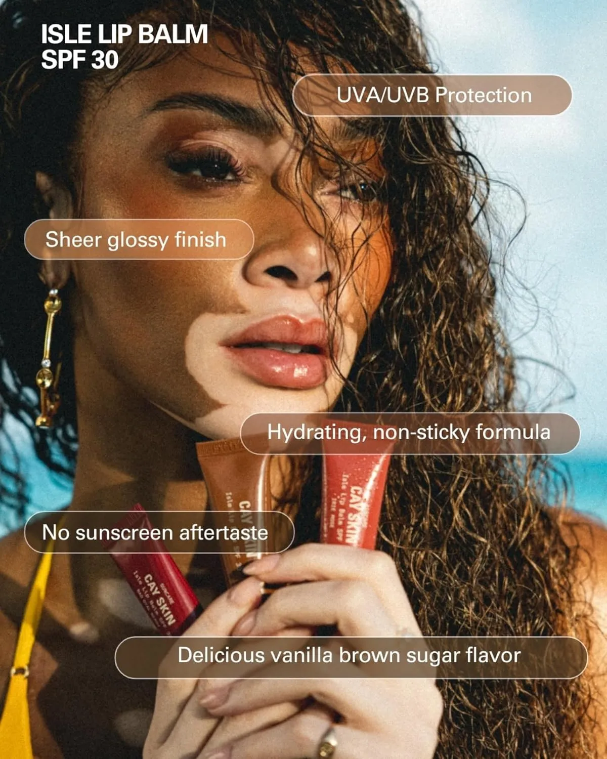Cay Skin Isle Lip Balm SPF 30 – High Shine, Hydrating, Non-Sticky Lip Gloss in Vanilla Brown Sugar Flavor – Formulated with Natural Ingredients for All Skin Tones – 3-Pack, Irie Rose