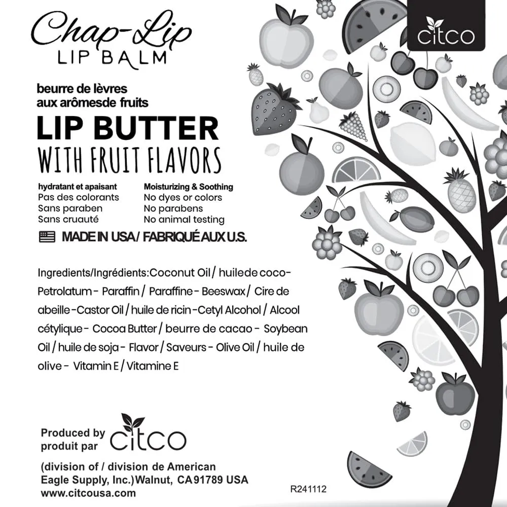 CHAP-LIP Original Lip Balm Hydrating Bulk Chap Stick with Fruit Flavors, Coconut Oil, Cocoa Butter - Christmas Gift Stocking Stuffers Lip Therapy Pack for Men and Women - Made in USA, 60 Pack x 12 Box