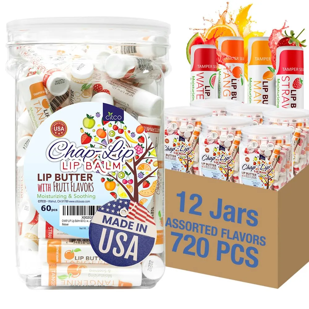 CHAP-LIP Original Lip Balm Hydrating Bulk Chap Stick with Fruit Flavors, Coconut Oil, Cocoa Butter - Christmas Gift Stocking Stuffers Lip Therapy Pack for Men and Women - Made in USA, 60 Pack x 12 Box