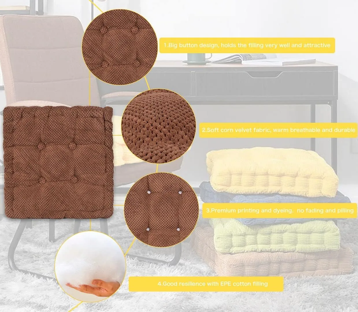 ChezMax Floor Pillow & Cushion, Large Meditation Chair Cushion, Thick Square Seat Pad, Soft Velvet Tufted Seating Pouf for Indoor/Outdoor Yoga Bench Rocking Chair Room Tatami Sofa, Coffee 18"x18"
