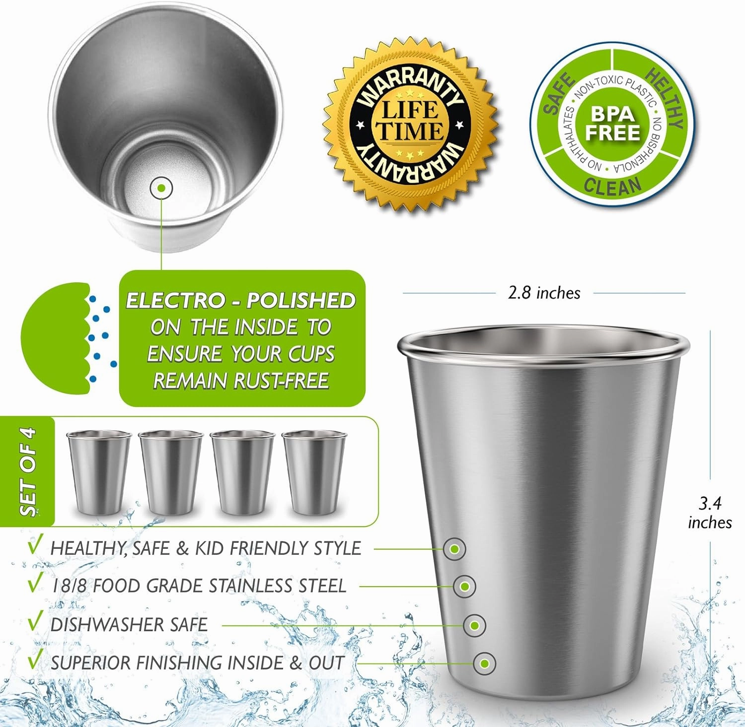 CHILLOUT LIFE Stainless Steel Cups for Kids and Toddlers 8 oz - Stainless Steel Sippy Cups for Home & Outdoor Activities, BPA Free Healthy Unbreakable Premium Metal Drinking Glasses (4-Pack)