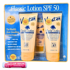 Classic Lotion SPF 50 Sunscreen Set, 12 FL OZ, Water-Resistant, Vegan, Coconut Banana Scent, with Complimentary Air Freshener & Lip Balm by RH940