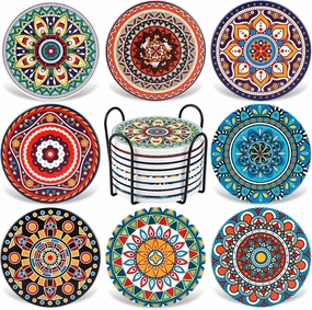 Coasters for Drinks,AODINI Set of 8 Absorbent Stone Coasters for Wooden Table, Mandala Ceramic with Cork Base, Gift for Housewarming Birthday and Family - Great Home and Dining Room Decor