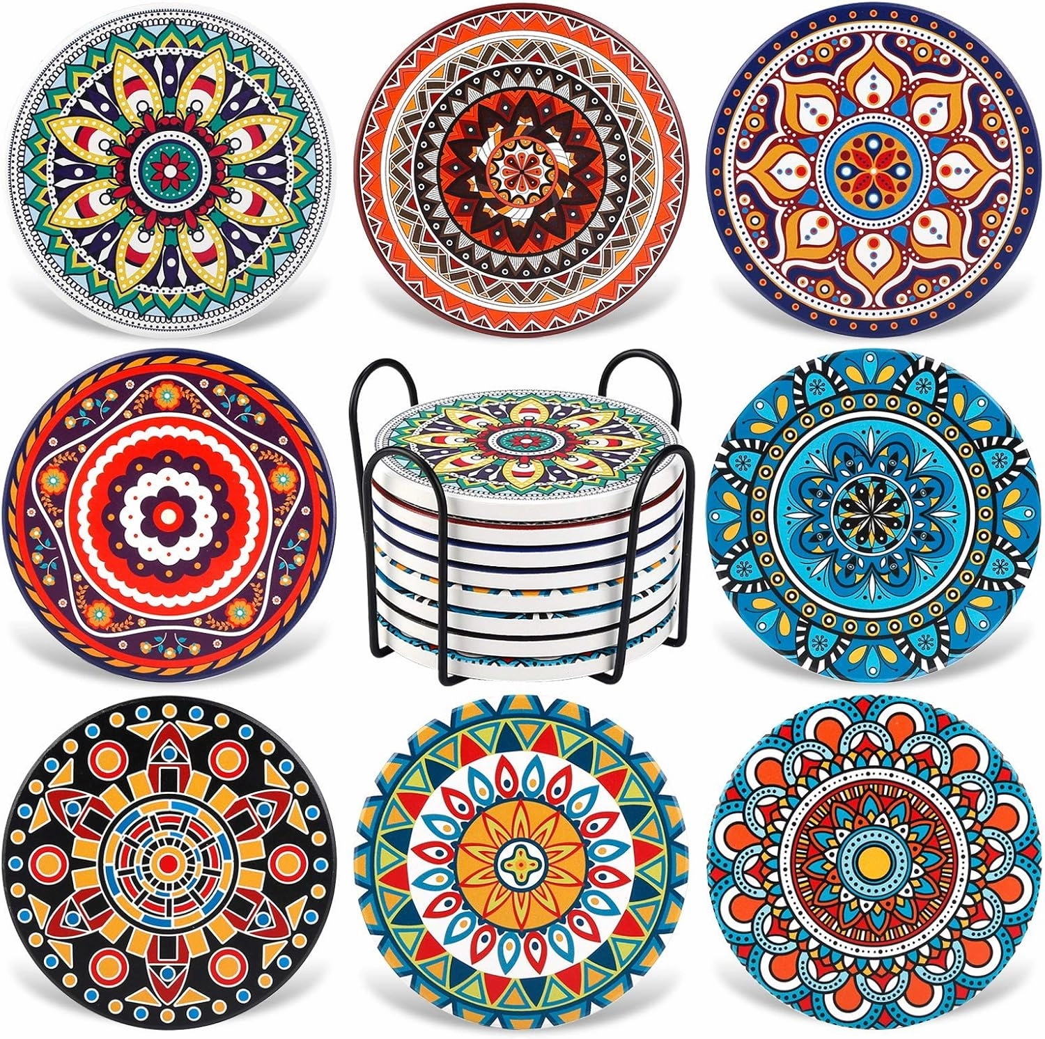 Coasters for Drinks,AODINI Set of 8 Absorbent Stone Coasters for Wooden Table, Mandala Ceramic with Cork Base, Gift for Housewarming Birthday and Family - Great Home and Dining Room Decor