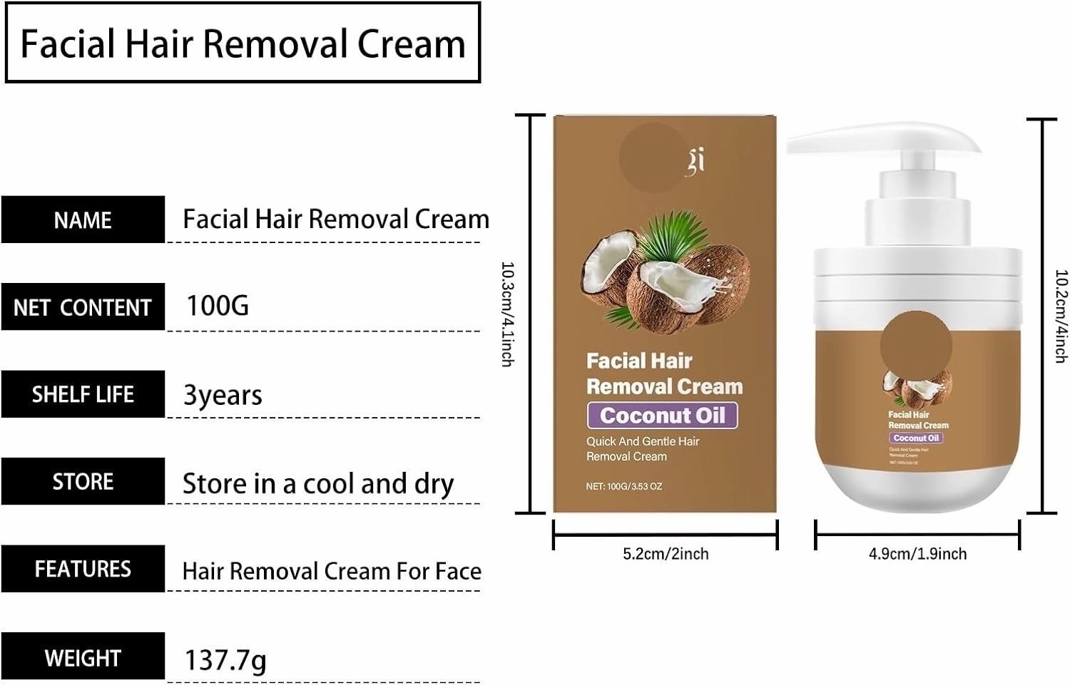 Coconut Facial Hair Removal Cream - Gentle Hair Removal for Men and Women, Remove Lip Hair & Beard Without Irritation, Moisturizing Formula for Daily Facial Care(3PCS)