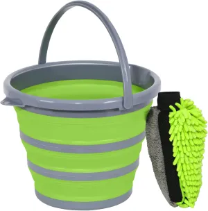 Collapsible Bucket with 3-in-1 Car Wash Mitt, Coral Velvet   Weave   Chenille Microfiber Glove Sponge, 10L (2.6 Gallon) Portable Folding Basin Pail for Household Cleaning