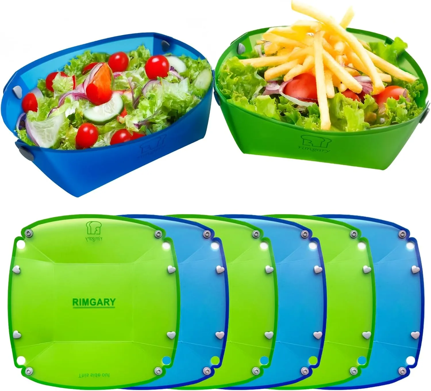 Collapsible Camping Bowl 6pc Plastic Bowl Sets (3 blue and 3 green) for Outdoor Snap Fold Plastic Plate Portable Cutting Board Cut Fruit Family Picnic Party Travel Easy to Carry Save Space