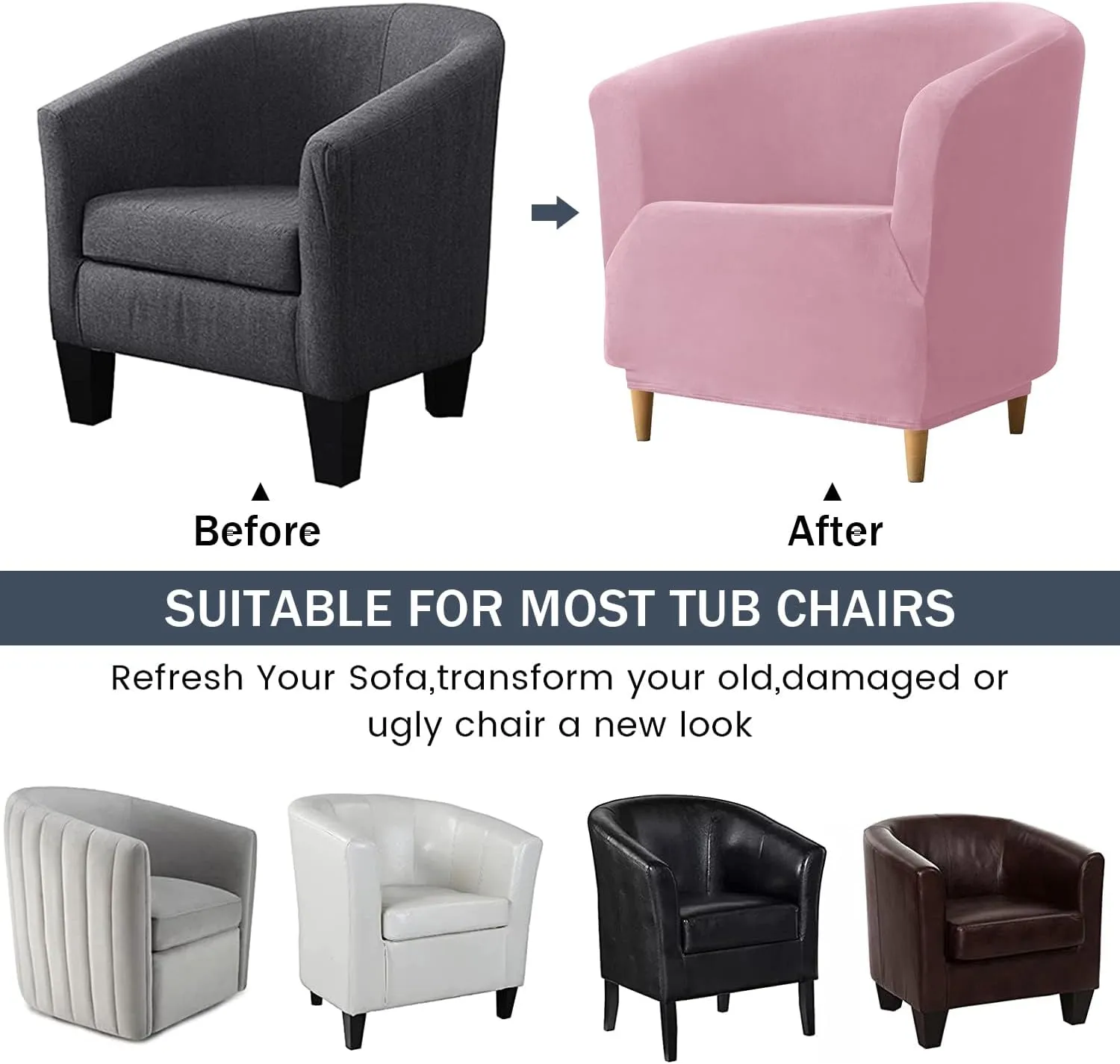 CONRUSER Velvet Club Chair Slipcover, Soft Stretch Tub Chair Cover Washable Thick Armchair Furniture Protector for Living Room (Pink)