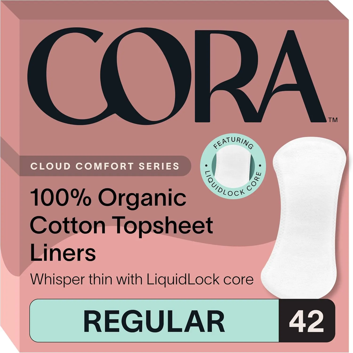 Cora Period Regular Liners | 100% Organic Cotton Topsheet | Ultra Thin, Quick Absorbency | Hypoallergenic | Dermatologically Tested | Unscented, No Wings (42 Liners)