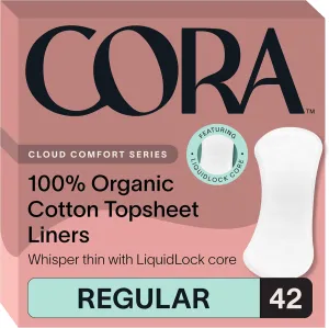 Cora Period Regular Liners | 100% Organic Cotton Topsheet | Ultra Thin, Quick Absorbency | Hypoallergenic | Dermatologically Tested | Unscented, No Wings (42 Liners)