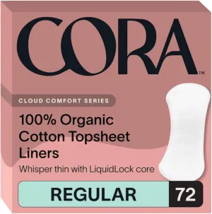 Cora Period Regular Liners | 100% Organic Cotton Topsheet | Unscented, No Wings (72 Liners)