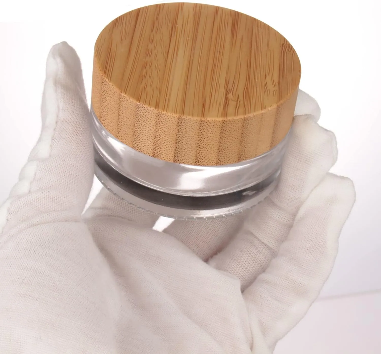 COSIDEA 5pcs Empty 1 OZ/30g Round Clear Glass Jars with Bamboo lids, Bamboo Cream Jar Refillable Cosmetic Travel Containers for Lip Balm, Ointments, Lotion Packing