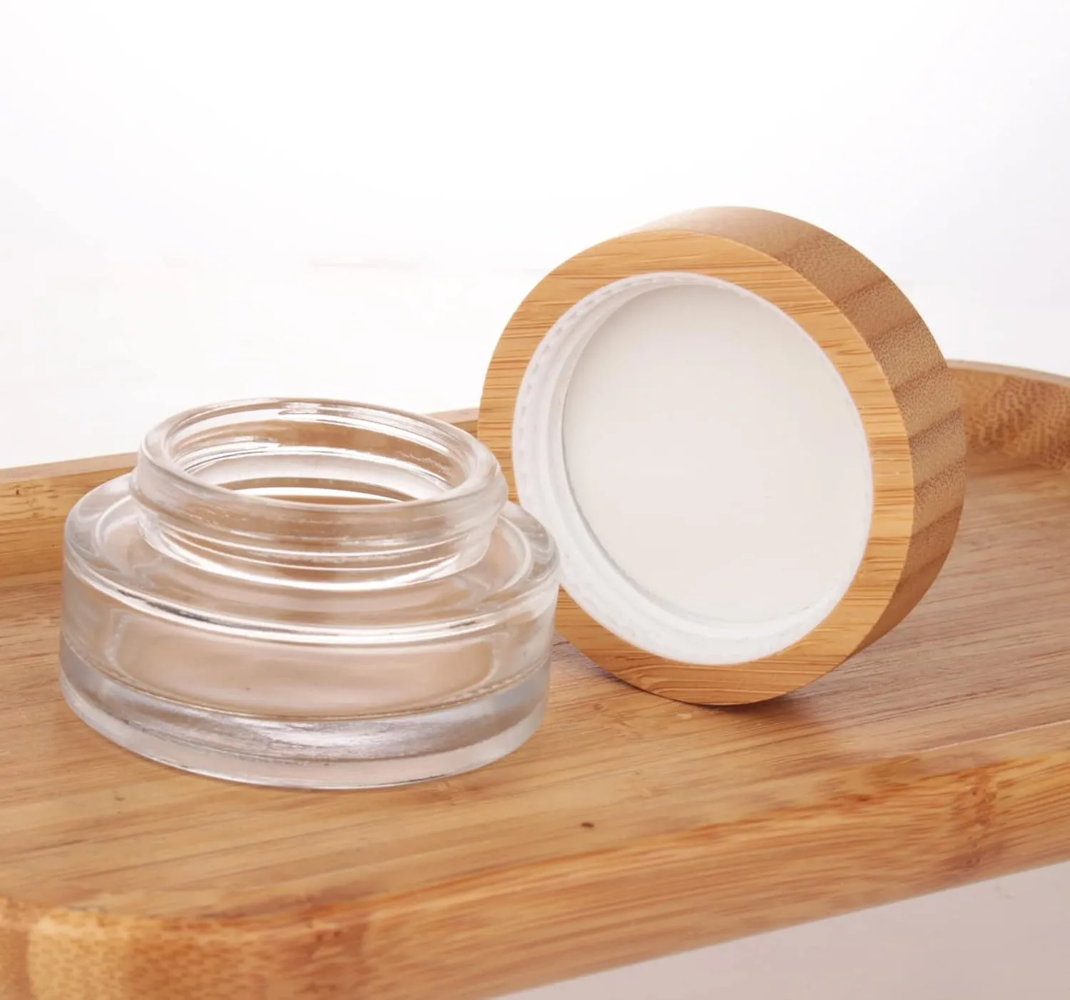 COSIDEA 5pcs Empty 1 OZ/30g Round Clear Glass Jars with Bamboo lids, Bamboo Cream Jar Refillable Cosmetic Travel Containers for Lip Balm, Ointments, Lotion Packing