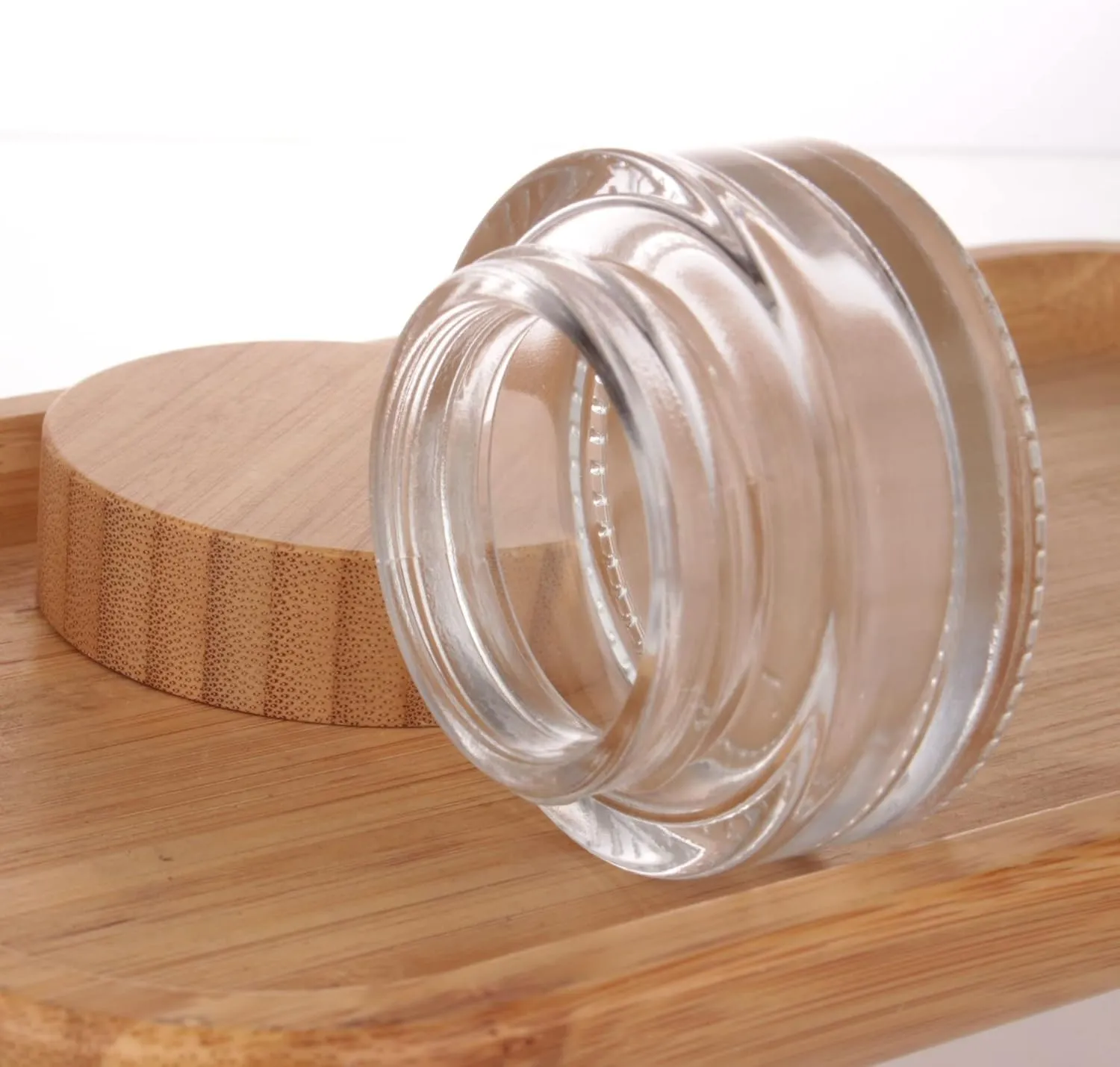 COSIDEA 5pcs Empty 1 OZ/30g Round Clear Glass Jars with Bamboo lids, Bamboo Cream Jar Refillable Cosmetic Travel Containers for Lip Balm, Ointments, Lotion Packing