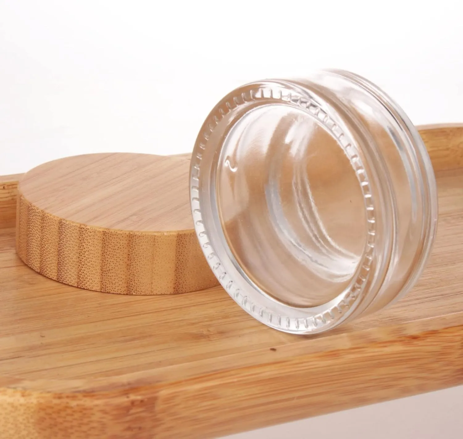 COSIDEA 5pcs Empty 1 OZ/30g Round Clear Glass Jars with Bamboo lids, Bamboo Cream Jar Refillable Cosmetic Travel Containers for Lip Balm, Ointments, Lotion Packing