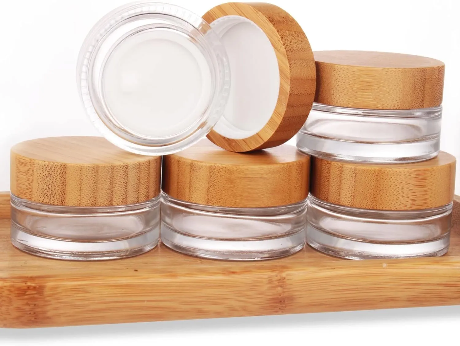 COSIDEA 5pcs Empty 1 OZ/30g Round Clear Glass Jars with Bamboo lids, Bamboo Cream Jar Refillable Cosmetic Travel Containers for Lip Balm, Ointments, Lotion Packing
