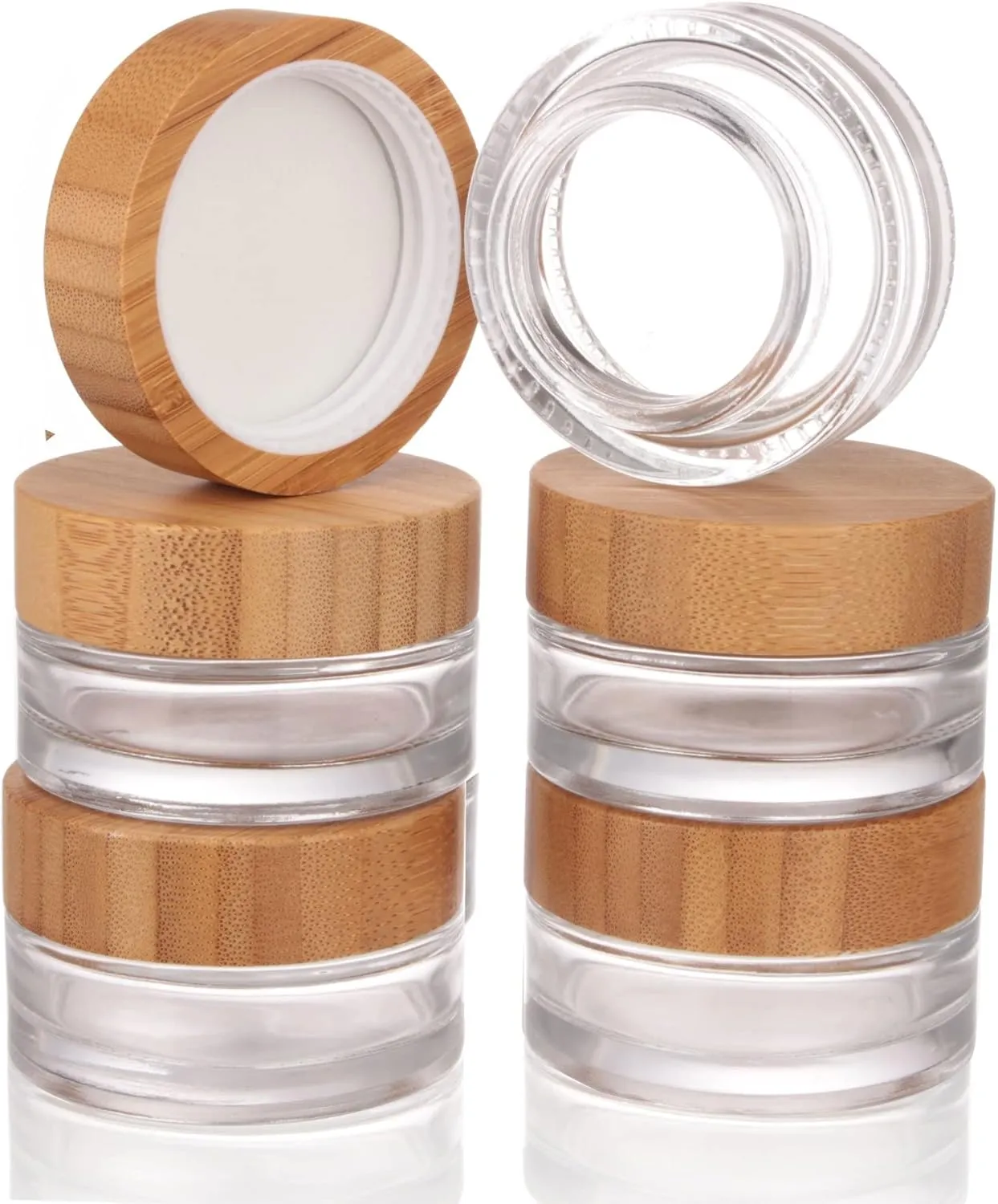 COSIDEA 5pcs Empty 1 OZ/30g Round Clear Glass Jars with Bamboo lids, Bamboo Cream Jar Refillable Cosmetic Travel Containers for Lip Balm, Ointments, Lotion Packing