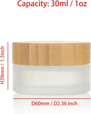 COSIDEA 5pcs Empty 1 OZ/30g Round Frosted Glass Jars with Bamboo lids, Bamboo Cream Jar Refillable Cosmetic Travel Containers for Lip Balm, Ointments, Lotion Packing
