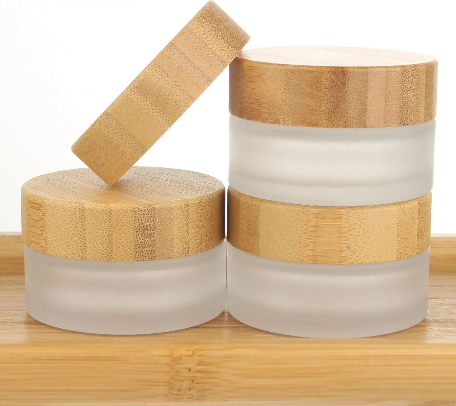 COSIDEA 5pcs Empty 1 OZ/30g Round Frosted Glass Jars with Bamboo lids, Bamboo Cream Jar Refillable Cosmetic Travel Containers for Lip Balm, Ointments, Lotion Packing