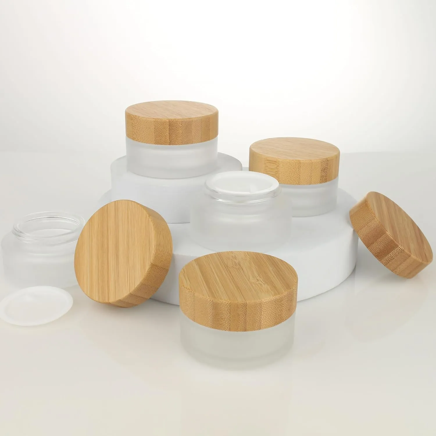 COSIDEA 5pcs Empty 1 OZ/30g Round Frosted Glass Jars with Bamboo lids, Bamboo Cream Jar Refillable Cosmetic Travel Containers for Lip Balm, Ointments, Lotion Packing