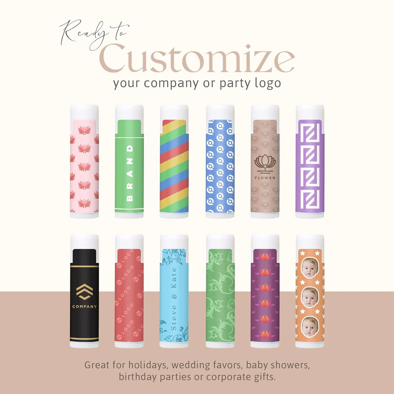 Custom Lip Balm Bulk - Personalized Lip Balm Labels - Made in USA Natural Ingredients Vitamin E Shea Butter - Custom Chapstick Bulk Lip Balm Tubes For Party & Wedding Favors (Cherry, 65 Pack)