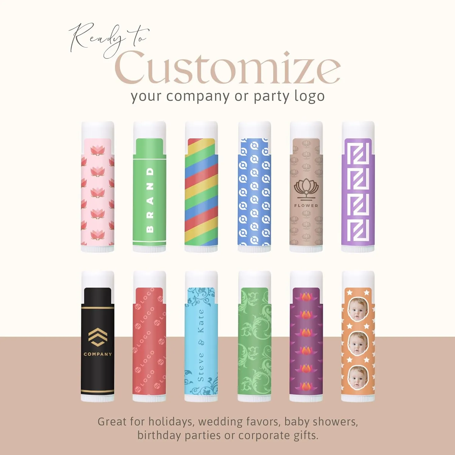 Custom Lip Balm - Personalized Labels - USA Natural Ingredients Vitamin E Shea Butter - Custom Chapstick Tubes For Party & Wedding Favors (Peppermint, 65 Pack)