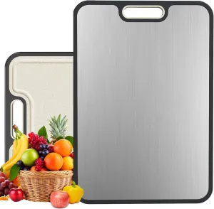 Cutting Board Double sided,Stainless Steel Cutting Boards for Kitchen,Stainless Steel and Wheat Straw Food-Grade ChoppingBoard,Anti Slip Easy to Clean,Healthy Kitchen Gadgets (16x11 In)