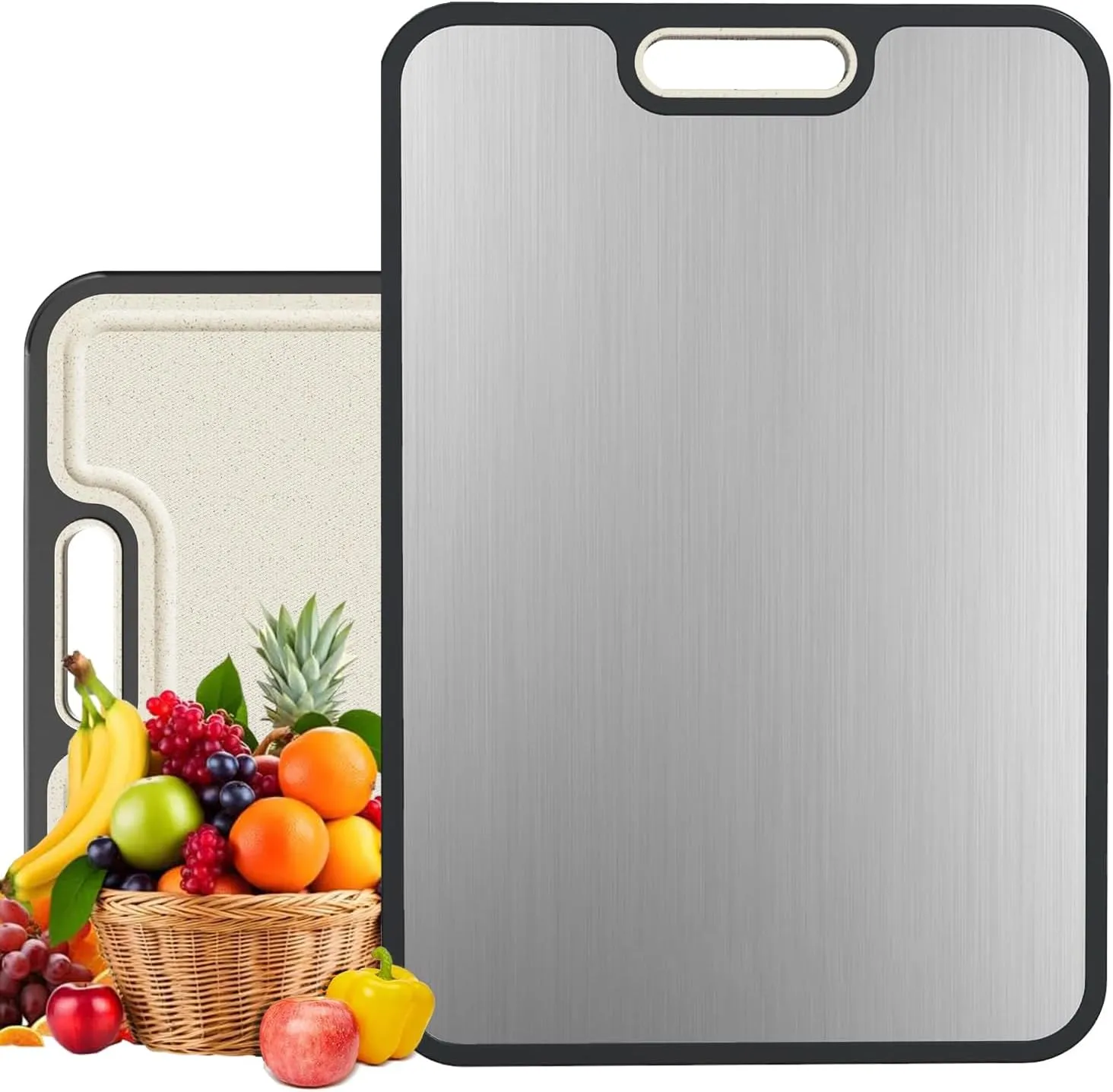 Cutting Board Double sided,Stainless Steel Cutting Boards for Kitchen,Stainless Steel and Wheat Straw Food-Grade ChoppingBoard,Anti Slip Easy to Clean,Healthy Kitchen Gadgets (16x11 In)