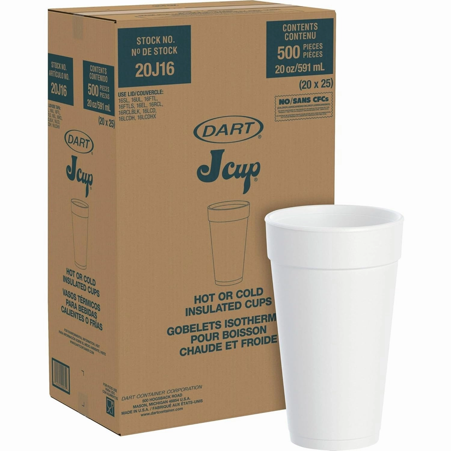 DART 20J16 3.7" Top and 2.4" Bottom Diameter, 6.1" Height, 20 Oz Big Drink Foam Cup (Case of 500), White