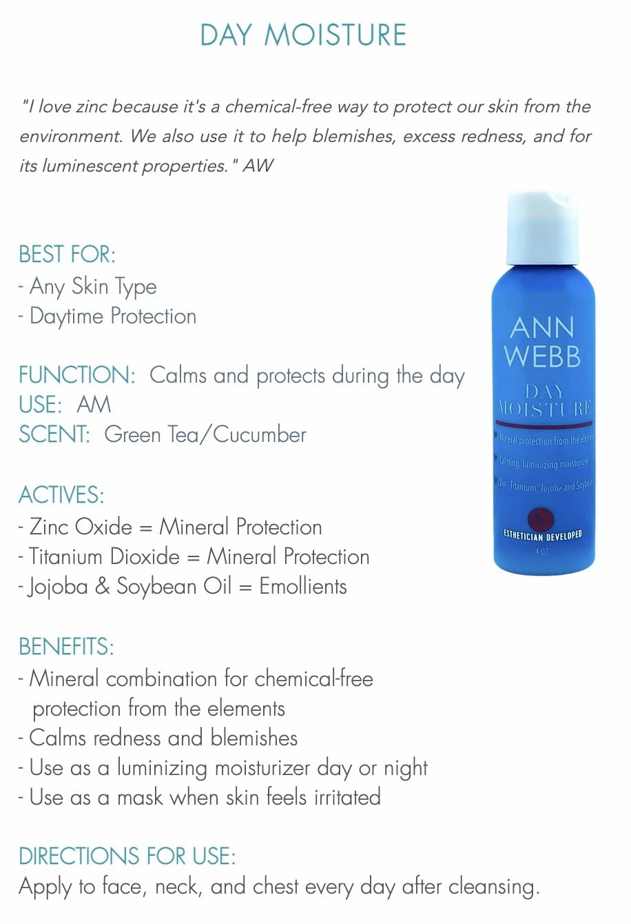 Day Moisture Lotion - All Natural, Chemical free Daily Moisture Cream w/Zinc calms & protects from sun. Minimize Redness & Blemishes. Luminize your complexion. 2oz