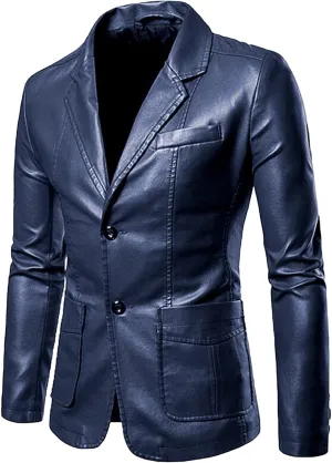 DGHM-JLMY Men's Suit Collar Fashion Pu Leather Jacket Casual 2 Button Slim Faux Leather Blazer Business Leather Sport Coat