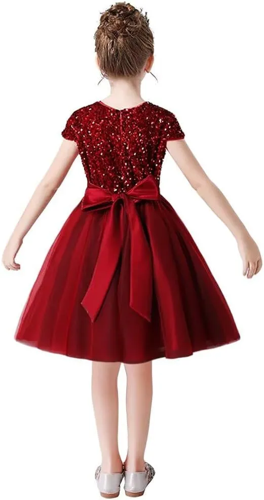 dideyttawl Short Flower Girls Dress Short Sleeves Velvet Sequin Top Tulle Skirt Round Neck Junior Bridesmaid Dresses