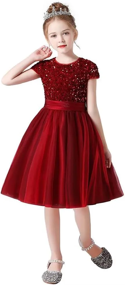dideyttawl Short Flower Girls Dress Short Sleeves Velvet Sequin Top Tulle Skirt Round Neck Junior Bridesmaid Dresses