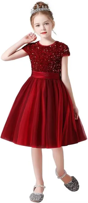 dideyttawl Short Flower Girls Dress Short Sleeves Velvet Sequin Top Tulle Skirt Round Neck Junior Bridesmaid Dresses