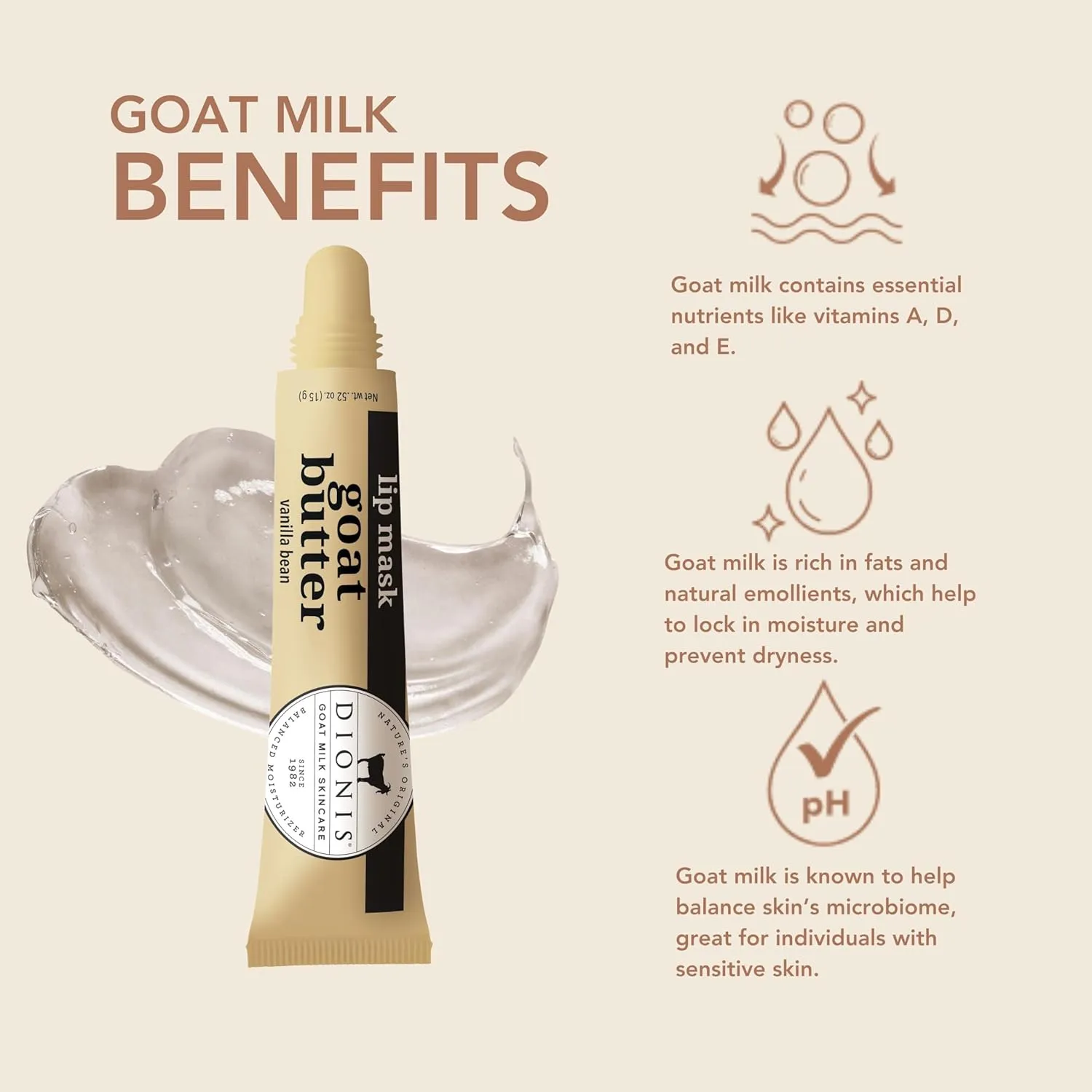 Dionis Goat Butter Overnight Leave On Lip Mask - Goat Milk, Jojoba & Moringa Oils Hydrate, Moisturize & Repair Cracked, Chapped & Dry Lips, Lock in Moisture For All Night Wear, Vanilla Bean